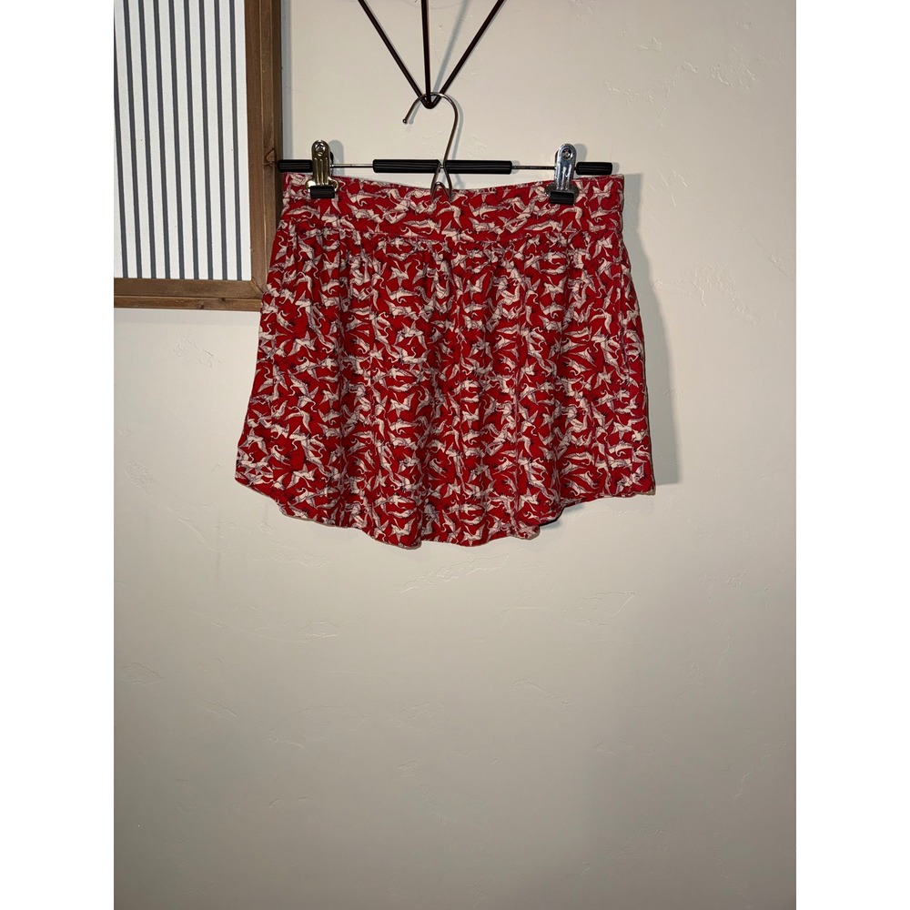 Kimchi Blue Red White Crane Bird Print Rayon Mini Skirt Elastic Waist‎ Small